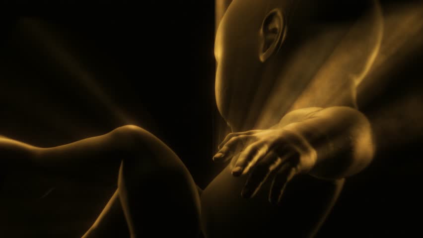 A 3D character of a human baby floating in endless dark space with rays of shimmering light, like a soul waiting to be born.