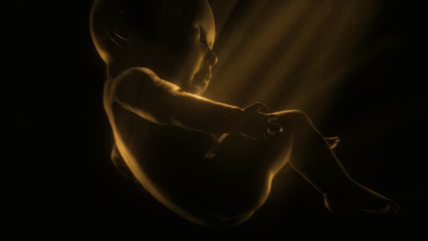 A 3D character of a human baby floating in endless dark space with rays of shimmering light, like a soul waiting to be born.