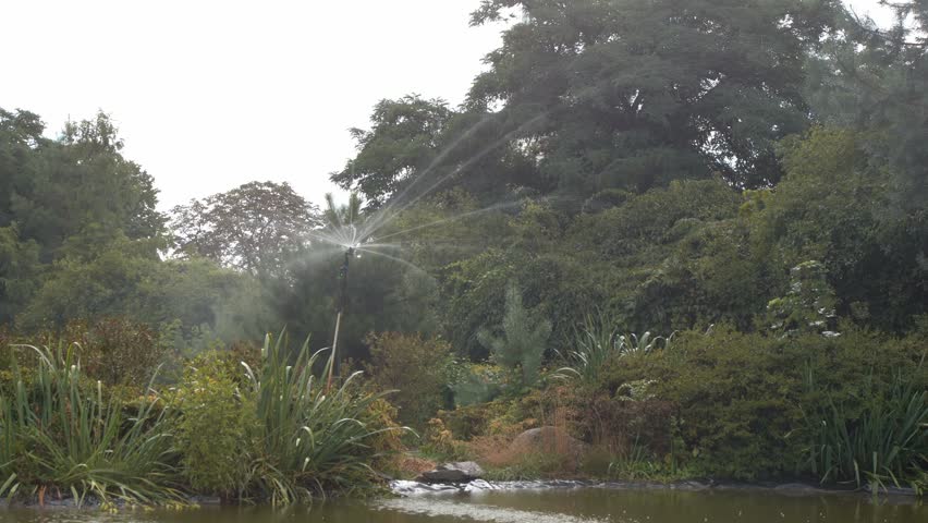 Sprinkler spins in garden. Water splashes on plants. Watering flowers near lake
