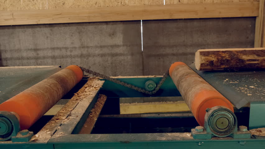 Logs moving on conveyer transporter from cutting machine at woodworking plant. Timber processing and woodworking industry. Working process sawing raw wood boards on saw-mill factory in cut workshop.