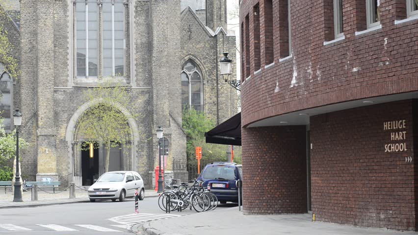 Holy Magdalena church in Koningin Astridpark in Bruges, Belgium. Slide from bottom to the top.