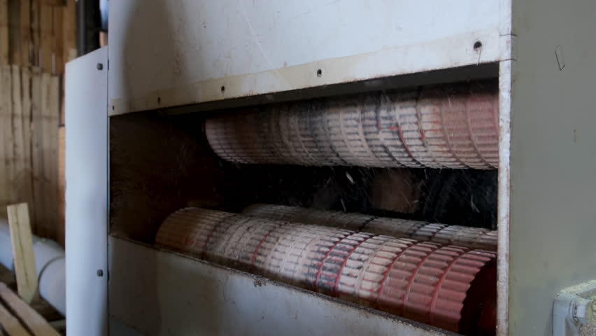 Logs moving from cutting machine at woodworking plant cut in wood boards. Timber processing and woodworking industry. Working process sawing wood boards on saw-mill factory in cut workshop.