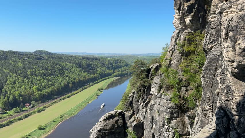 aerial view of rural village rathen in the elbe sandstone mountains in east germany with the river elbe from the bastei area