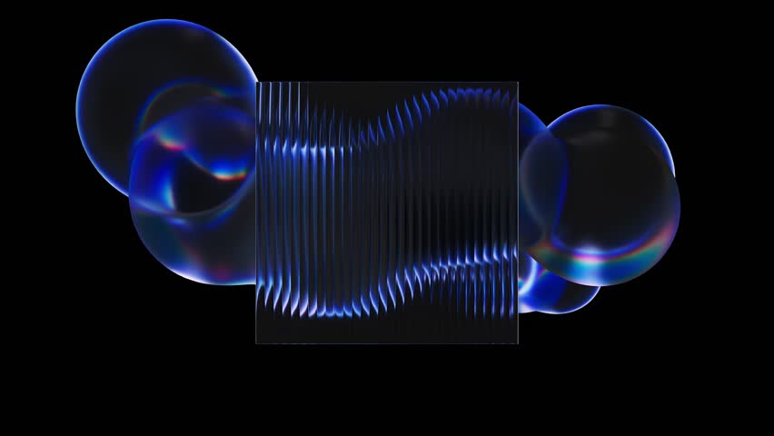 Futuristic 4k 3D animation featuring translucent bubbles and a distorted glass element with shimmering light waves. Perfect for abstract visual effects, digital backgrounds, or sci-fi motion design.