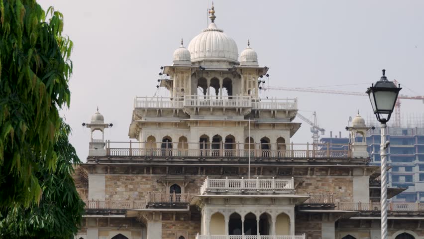 Tracking shot of the Albert Hall Museum, a historic Indo-Saracenic masterpiece in Rajasthan, filmed in an open public space with no people around.