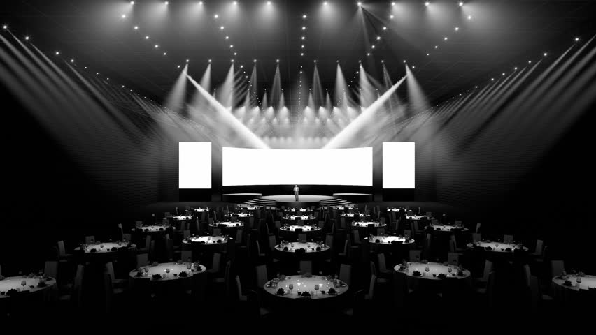 Long view of moving lights stage with seating arrangements in banquet hall. 3d render. 3d illustration. 