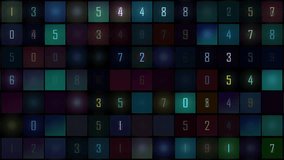 Colorful Neon Number Grid In Dark Mosaic, Abstract Digital Tech Background. A vibrant grid of glowing numbers sits in a dark, tiled mosaic. This abstract digital background features neon colors - Powered by Shutterstock - Get 15% off with code: PIKWIZARD15