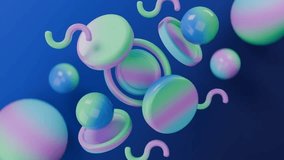 Abstract 3D Pastel iridescent spheres and curves floating on blue. Abstract video loop - seamless 3D motion background. - Powered by Shutterstock - Get 15% off with code: PIKWIZARD15