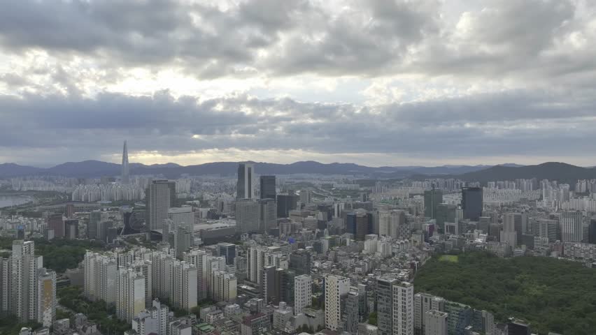 Drone View of Seoul city in South Korea, sunrise of Gangnam, Summer