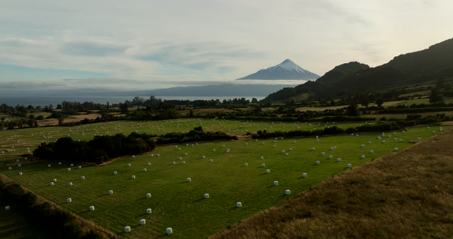 Aerial, Countryside Crops, Farmland Valley, Picturesque Mountain Backdrop