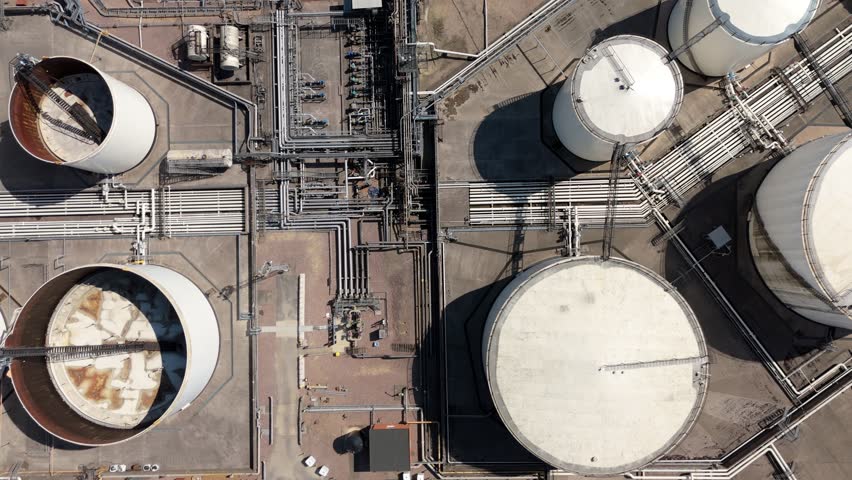 High resolution drone video of fuel silos, chemical plant and energy infrastructure in Kingsbury England UK with petroleum diesel and gas storage