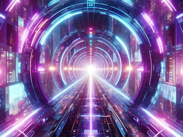 Futuristic neon tunnel loop animation with glowing lights and cyberpunk vibe. Perfect for VJ loops, motion graphics, music visuals, and digital backgrounds.