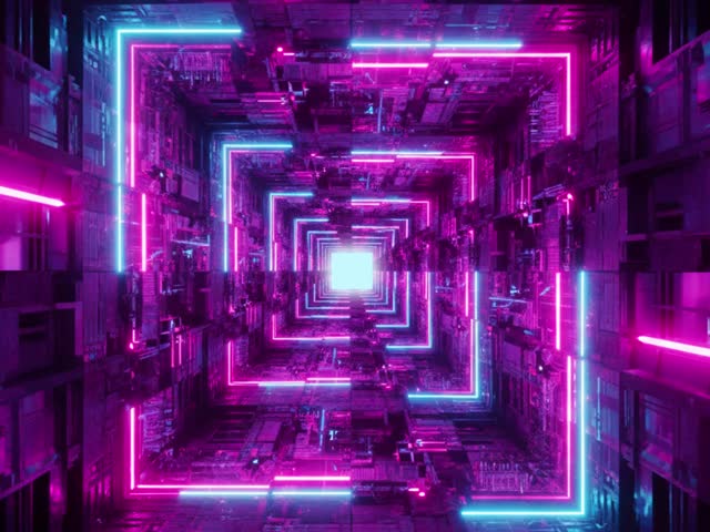 Futuristic neon tunnel loop animation with glowing lights and cyberpunk vibe. Perfect for VJ loops, motion graphics, music visuals, and digital backgrounds.