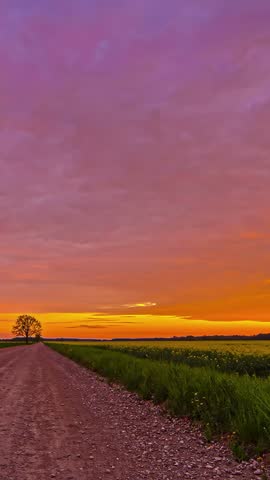 Colorful Sunset Over Fields And Dirt Road With Moving Clouds - Timelapse, Vertical Shot