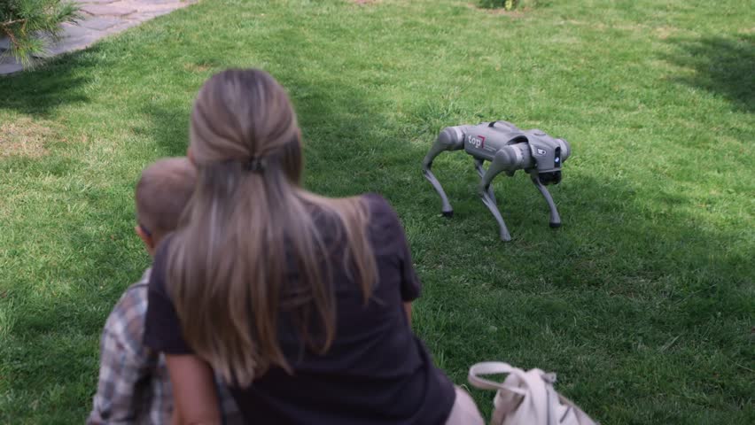 A mother and son sit on a park bench and watch a futuristic robotic dog walking on the grass.