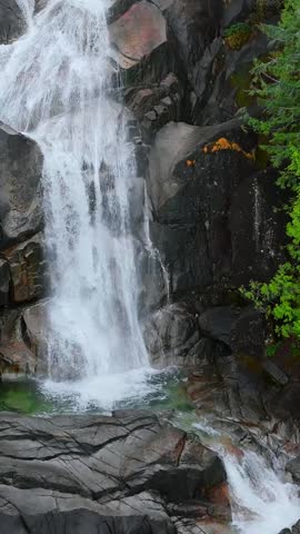 Aerial view of Shannon Falls. Water rushing down the canyon. Canada