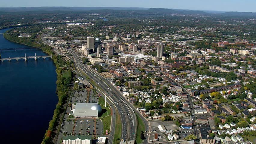Aerial view of albany, new york, showcasing the city skyline and surrounding landscape