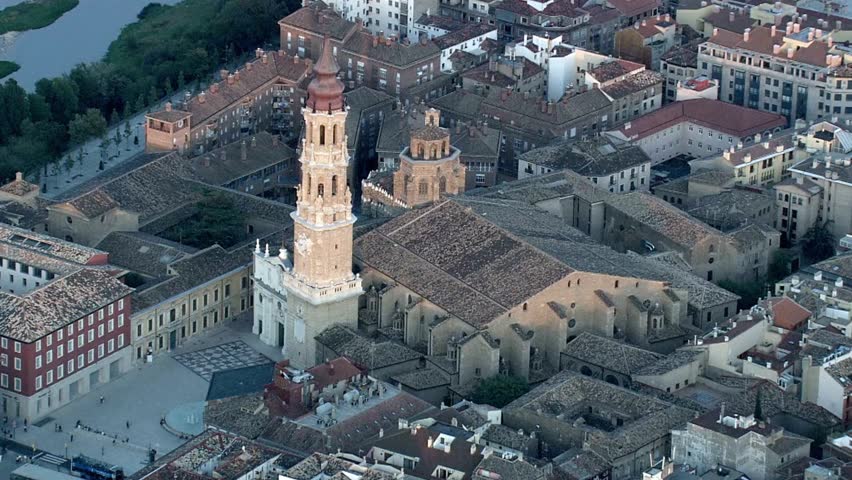 Aerial view of the cathedralbasilica of our lady of the pillar in zaragoza, spain
