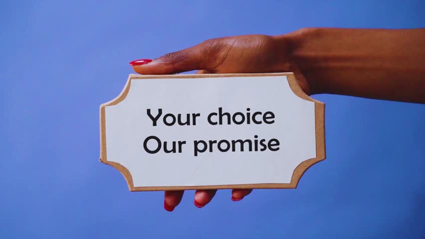 Advertising board on blue background with text “Your Voice, Our Promise,” symbolizing trust, branding, communication, corporate identity, and modern business marketing visuals.