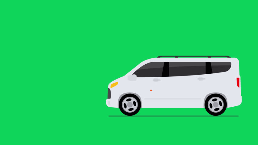 moving white minivan electric car 2d animation video footage green screen