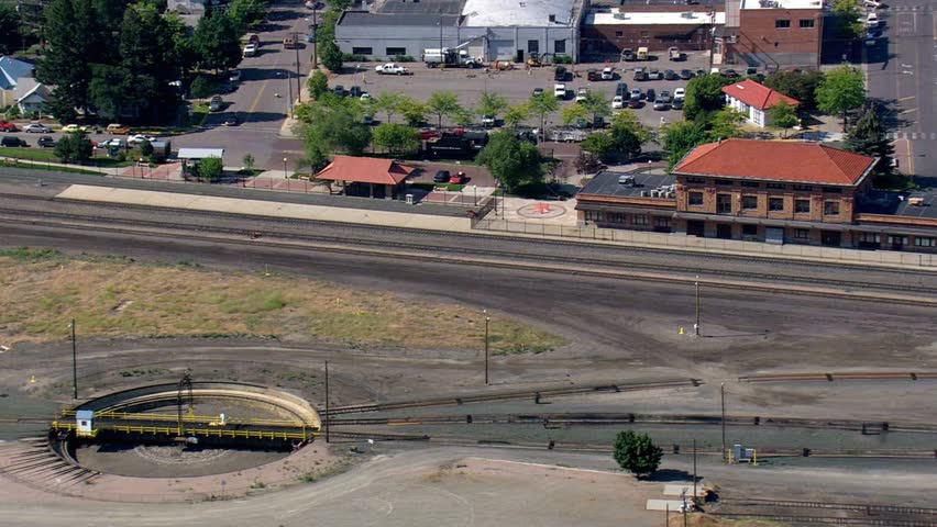 Aerial view of the historic union pacific railroad depot in the dalles, oregon