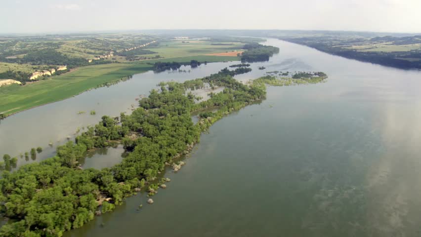 Aerial view of the missouri river winding through a lush green landscape