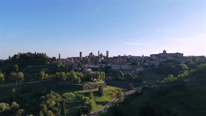 Bergamo Città Alta drone video. Italy’s historic town with panoramic views, Italian culture, and medieval cityscape from above. 4K