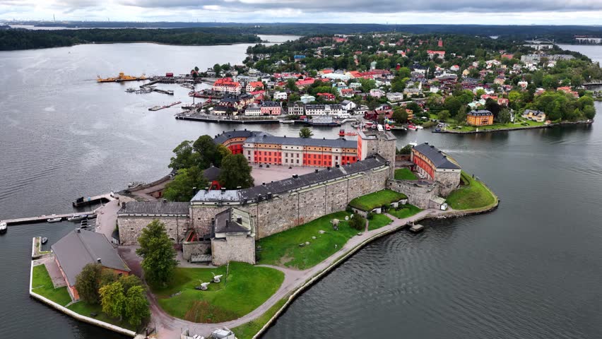 Vaxholm fortress in Sweden drone view, historic fortification of Vaxholm in Stockholm archipelago, tourism in Sweden, Scandinavian travel