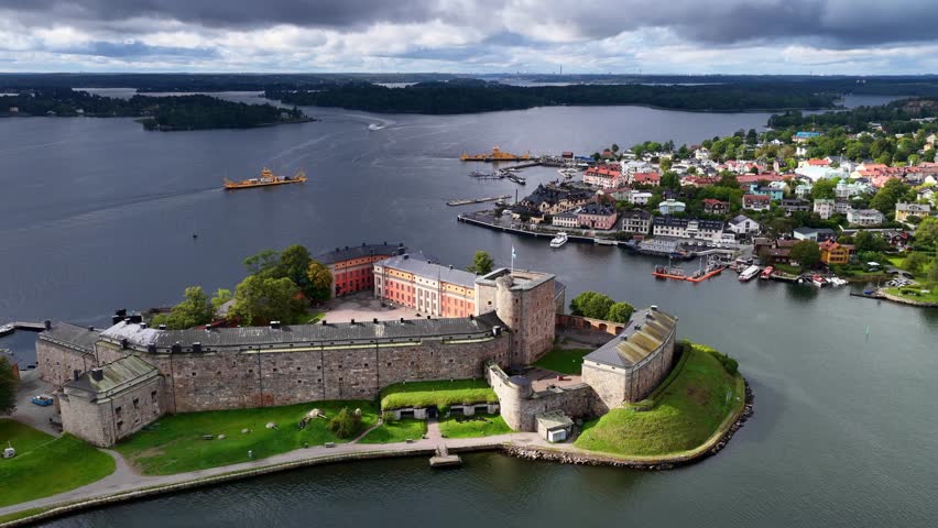 Vaxholm fortress in Sweden drone view, historic fortification of Vaxholm in Stockholm archipelago, tourism in Sweden, Scandinavian travel