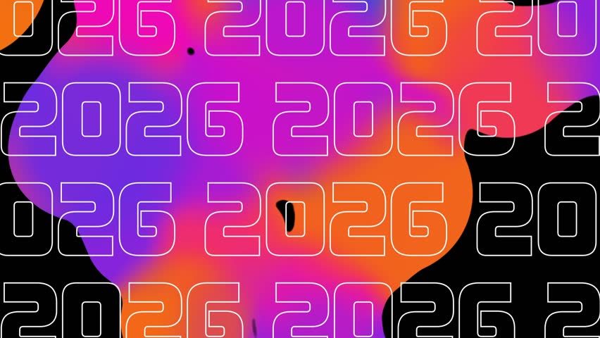 2026 logo animation on a neon liquid glowing background, typographic movement of 2026 New Year, fashionable trendy design of a contrasting 2026 logo. Concept: business presentation, corporate event