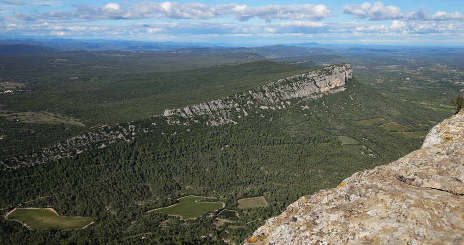 Panorama from the summit of Pic Saint Loup to the Hortus. Herault department, Occitania, France.