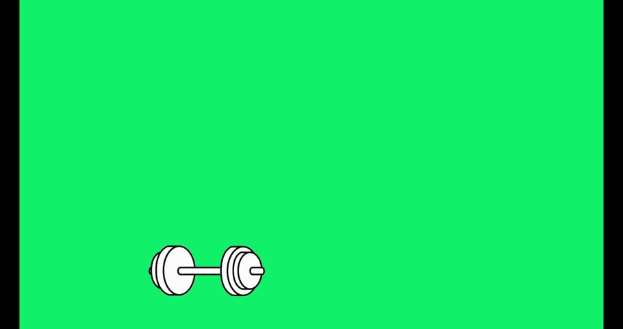 a white barbell with weights is displayed on a green background in a cartoon style image