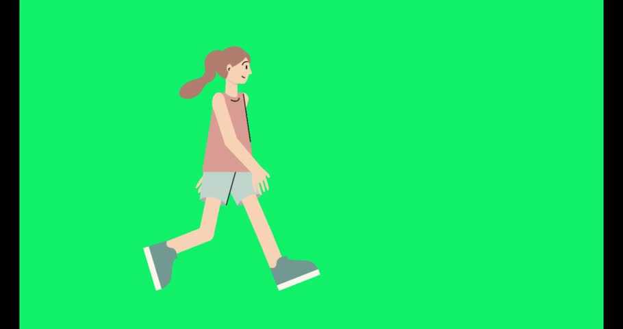 a cartoon animation of a woman walking on a green background, wearing pink and gray clothes