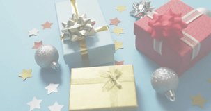 After brief pause binary digits drifting down slowly covering gift boxes to visualize data takeover. Festive, celebration, digital, technology, abstract, innovation, holiday - Powered by Shutterstock - Get 15% off with code: PIKWIZARD15