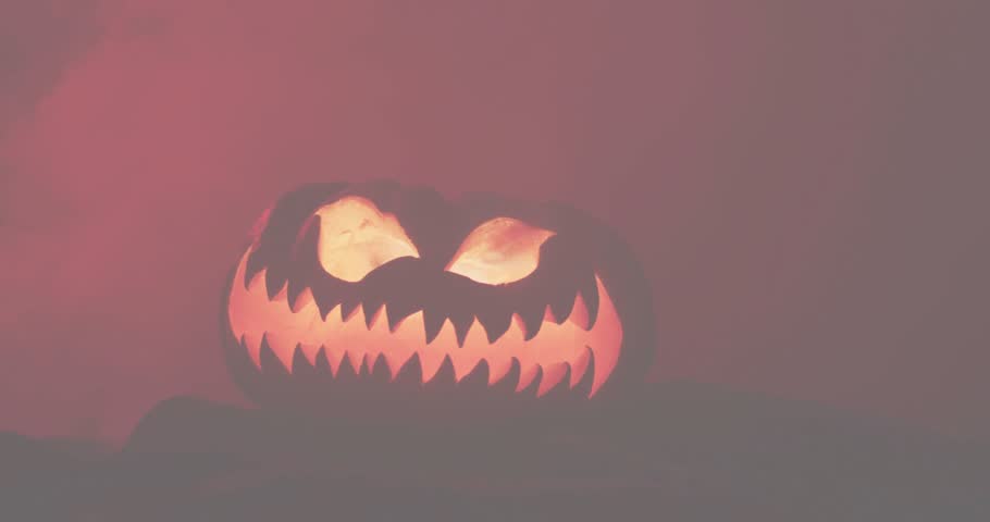 Grid panel sliding from right initiating jack-o-lantern HUD animations visualizing data trends. Halloween, data visualization, futuristic, dark ambience, projection, technology, analytic