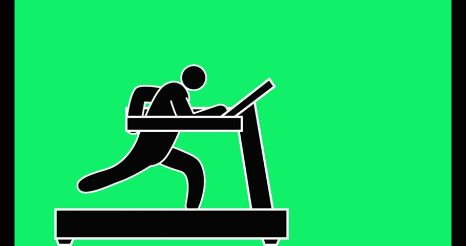 a black stick figure runs on a treadmill with a green background, fitness and exercise