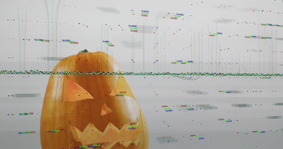 Noise bars persisting, glitch sphere forming next to carved pumpkin then dissolving restoring scene. Futuristic, digital, abstract, monochrome, innovative, cinematic, technology
