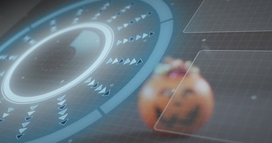 Upon starting, ring pulsing, orbiting markers, panels sliding, pumpkin bucket focusing, showing UI. Futuristic, holography, interface, technology, data visualization, digital, themed
