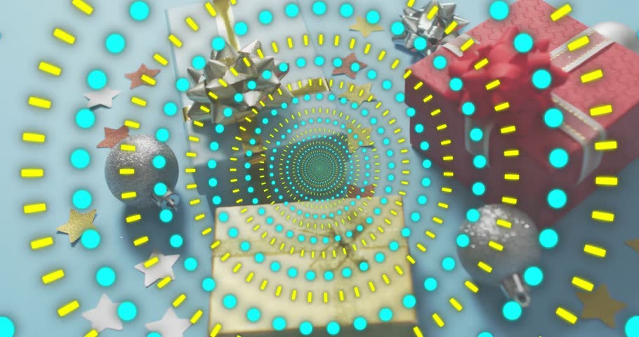 loading digital spiral overlay emerging, expanding, rotating over gift box, baubles forming tunnel. Festive, holiday, shimmer, abstraction, motion, celebration, sparkle