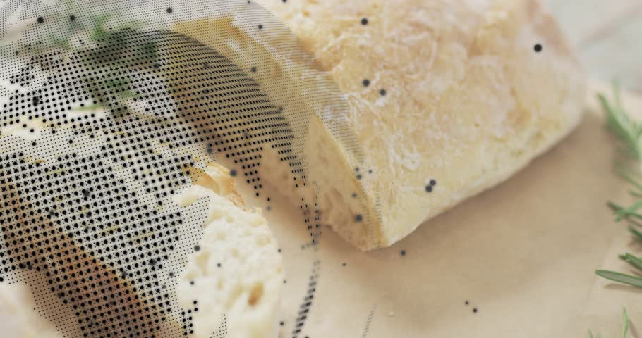 Loaf resting globe fading as code blocks scrolling revealing bread slices for global sourcing. Bakery, artisan, rustic, organic, minimalism, culinary, food styling