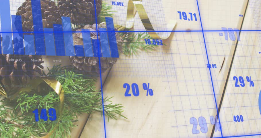 Blue grid fading in triggers percentages updating while charts animating and visualizing data. Data visualization, seasonal decor, infographic, natural aesthetic, modern graphic, business analytics,