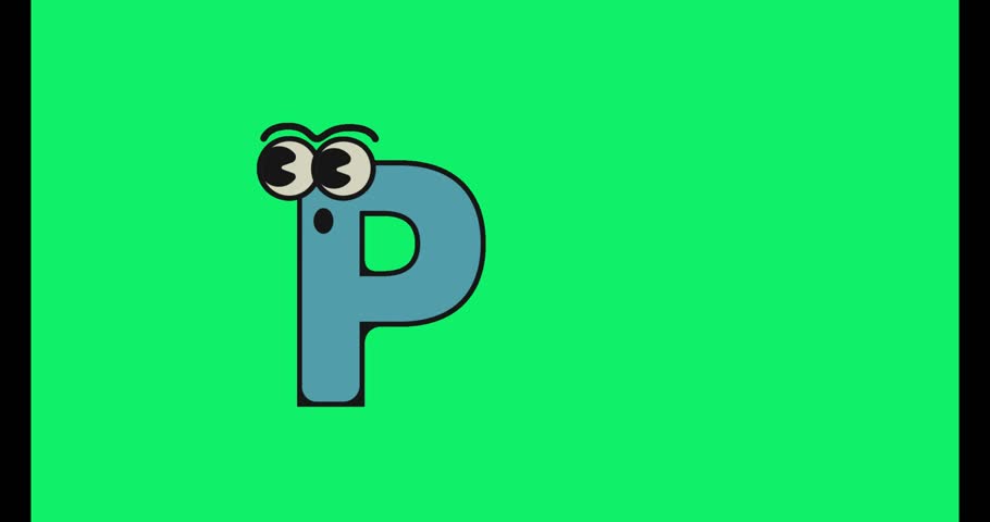 a cartoon letter p with eyes and eyebrows on a green background animation for education.