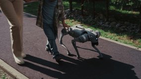 Family enjoying outdoor time while walking a robotic pet in a green park setting. - Powered by Shutterstock - Get 15% off with code: PIKWIZARD15