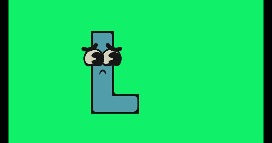 a cartoon letter l with large eyes and a sad expression on a green background in a still image