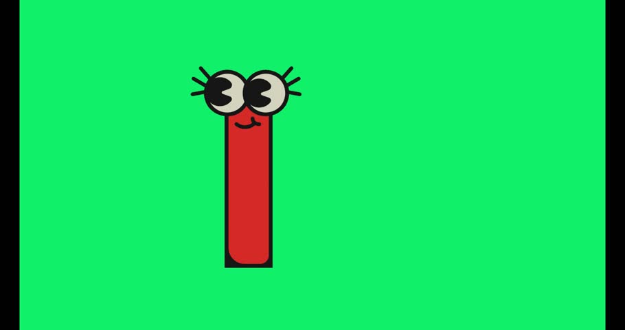 a cartoon red letter i with black eyes and eyelashes, set against a vibrant green background.
