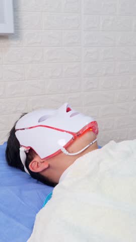 Relaxing man undergoing a rejuvenating facial skin care treatment with a colorful led light therapy mask at a modern beauty salon