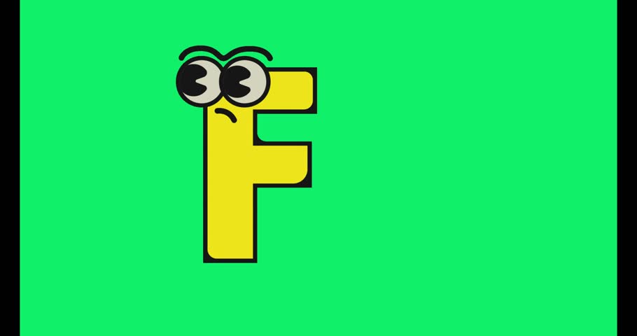 a cartoon letter f with eyes and eyebrows on a green background in a simple animation style
