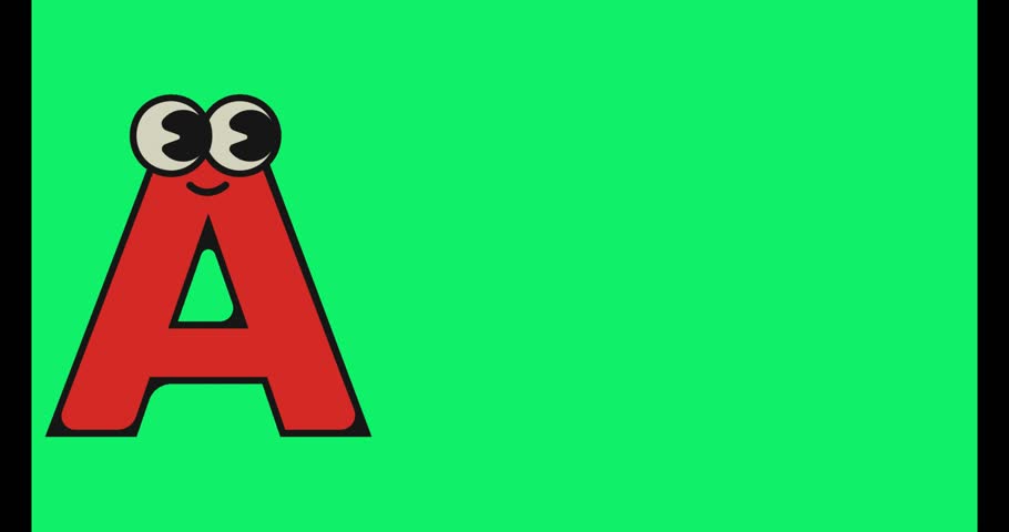 a cartoon red letter a with eyes and a smile on a green background in a still image frame