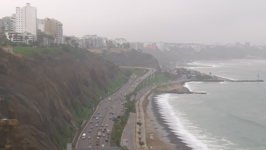 The Circuito de Playas highway on the coast of Lima and the Miraflores district with multi-family houses