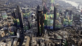 aerial view of the london city financial skyline from a helicopter with trading data mapped onto the buildings - Powered by Shutterstock - Get 15% off with code: PIKWIZARD15